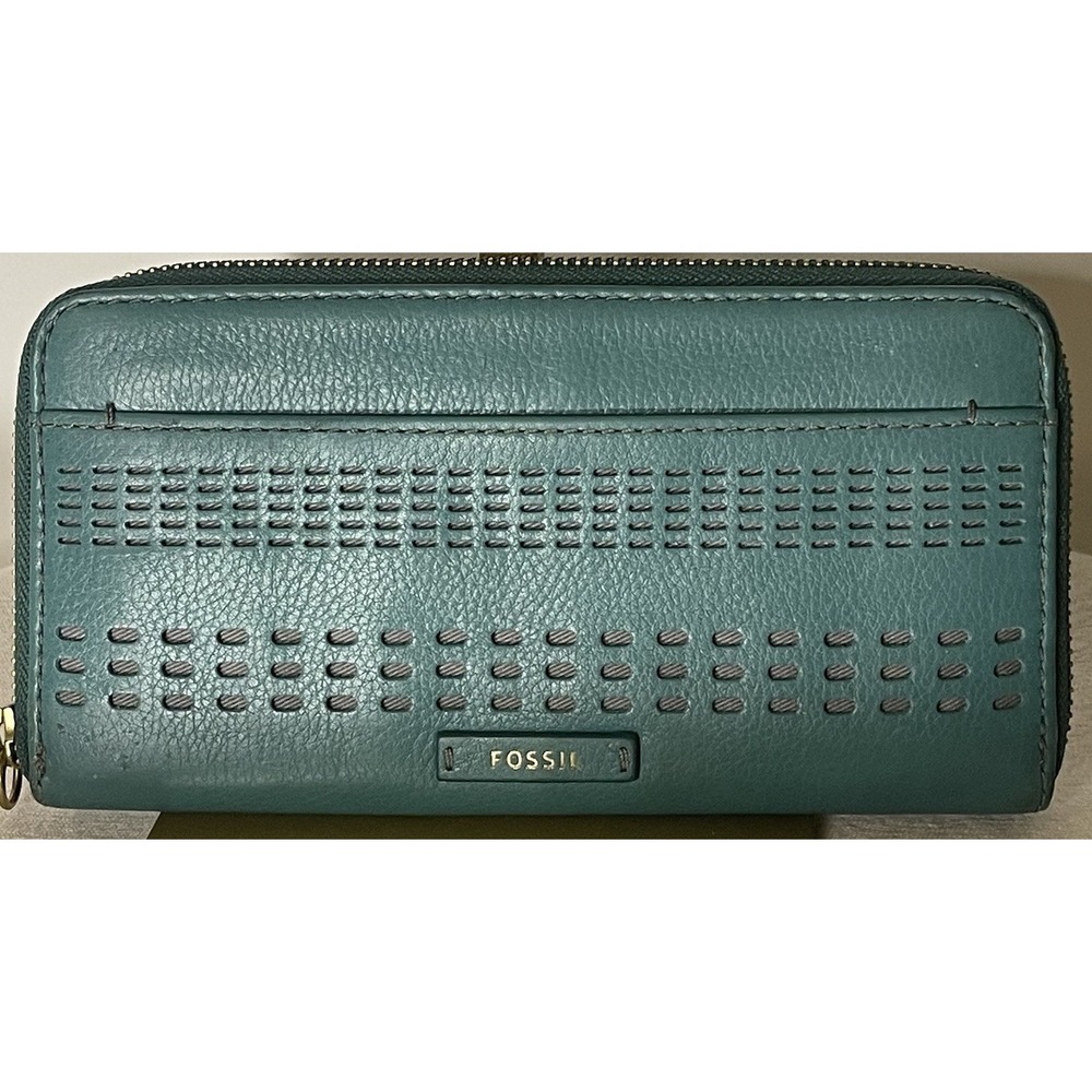 Fossil Womens Zip Around Wallet Teal Green‎ Leather